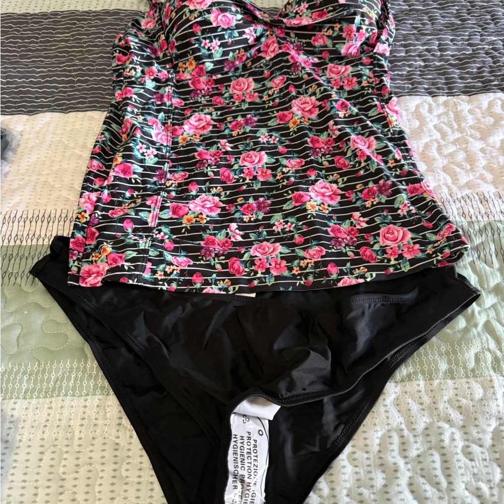 Floral Stripe Tankini Top with Black Bikini Bottoms